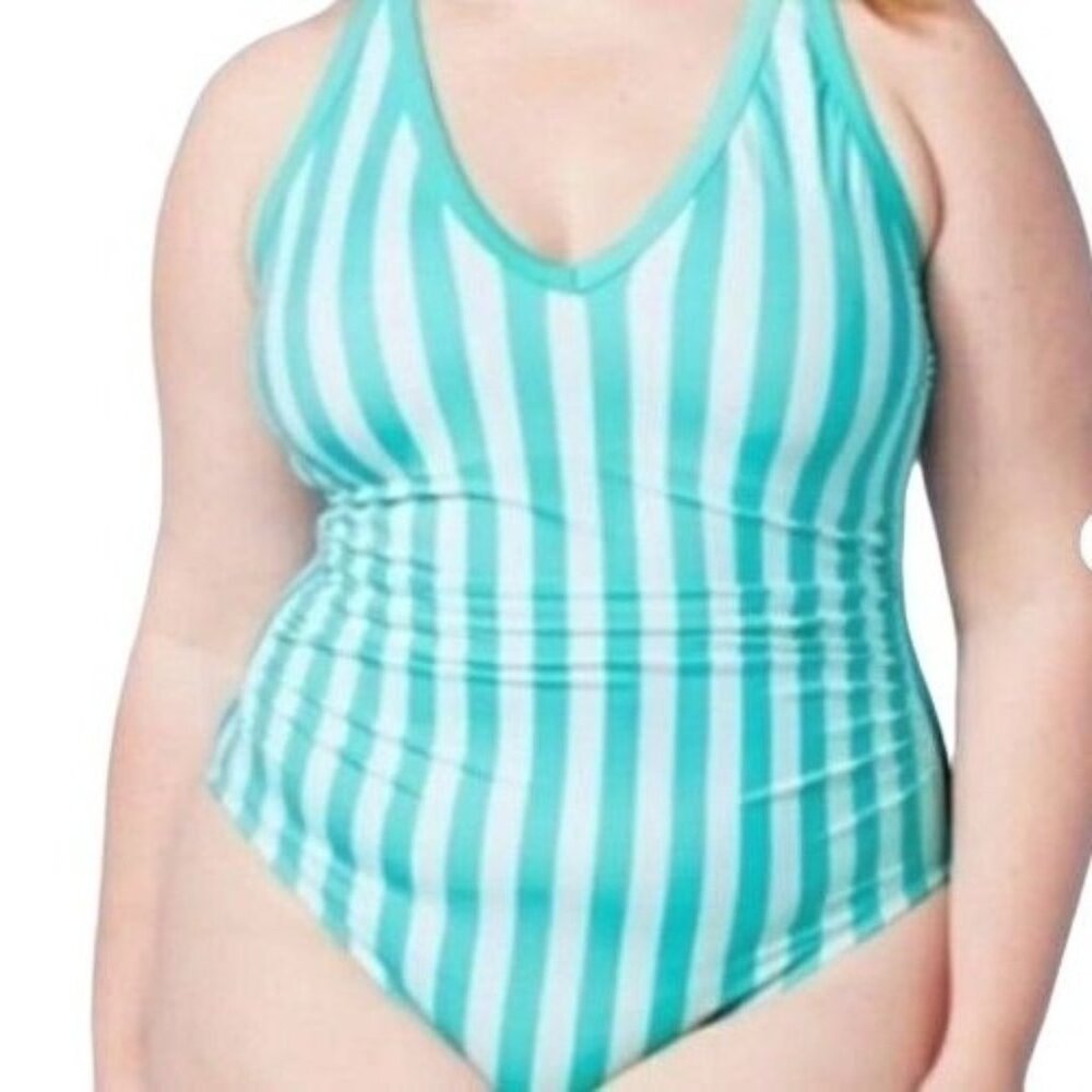Kona Sol Plus One Piece Green Stripe Print V-Neck Bathing Suit Size 16W